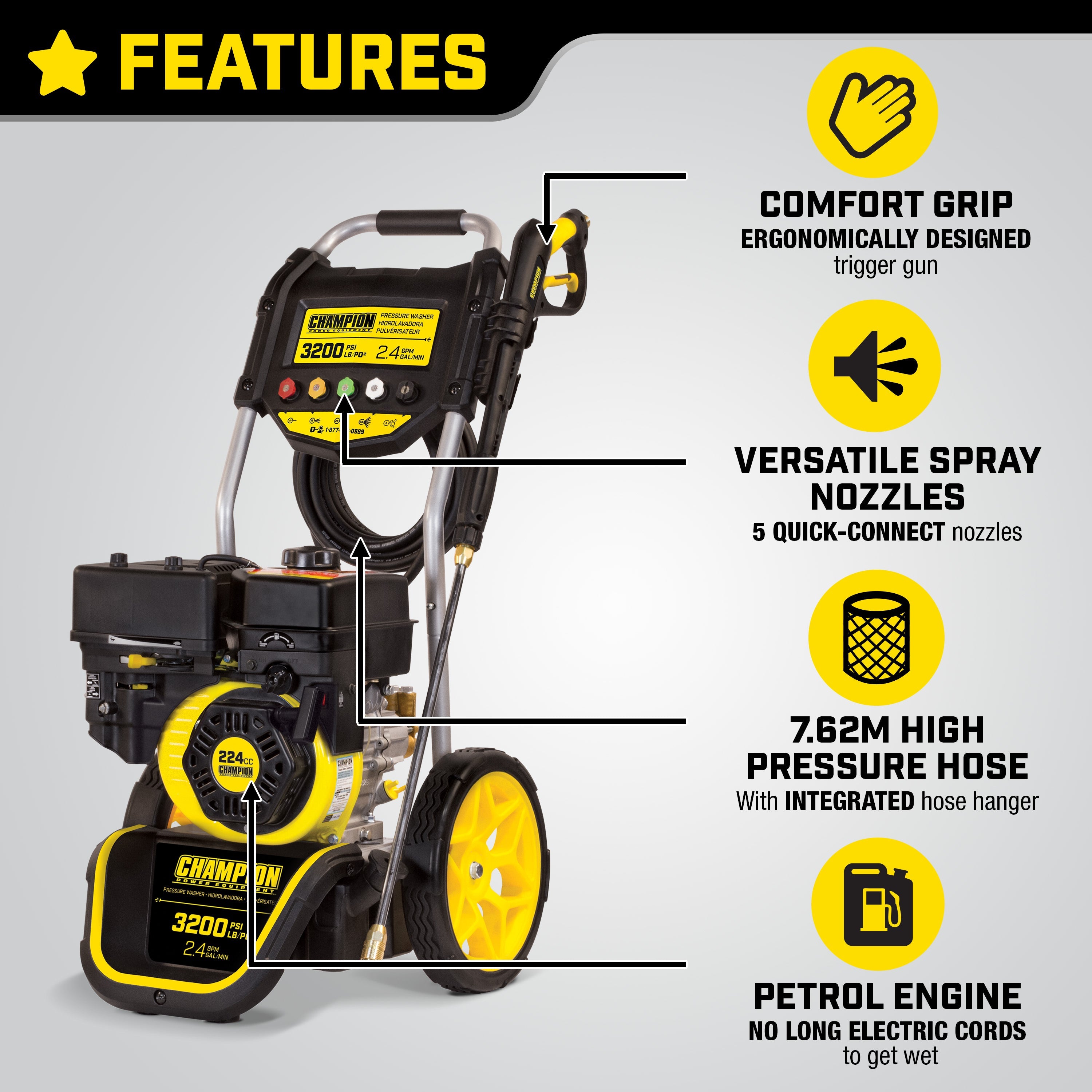 Champion Petrol Pressure Washer 220 Bar (3200 PSI) 9.0 LPM - Bimson Power