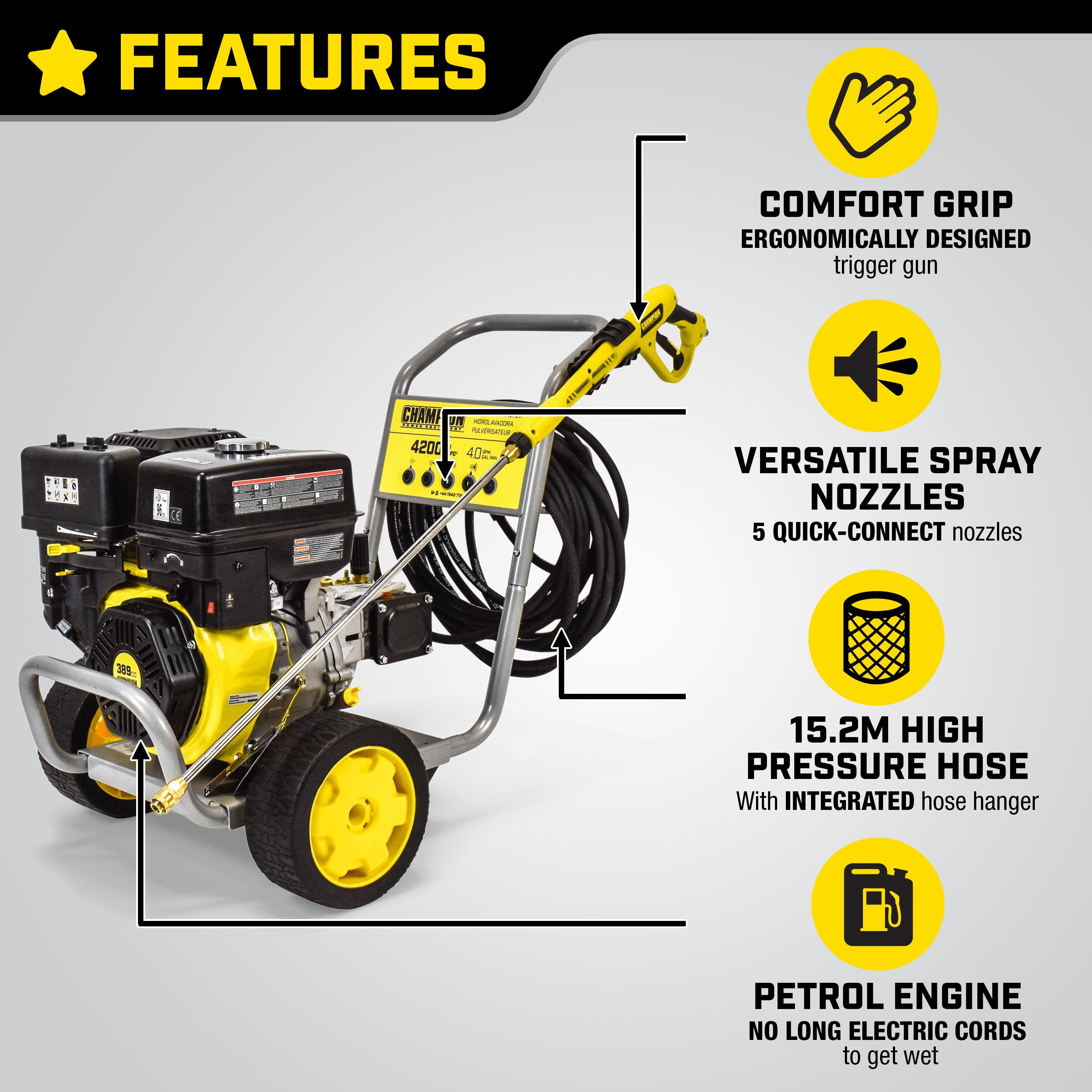 Champion Petrol Pressure Washer 289 Bar (4200 PSI) 15.1 LPM - Bimson Power