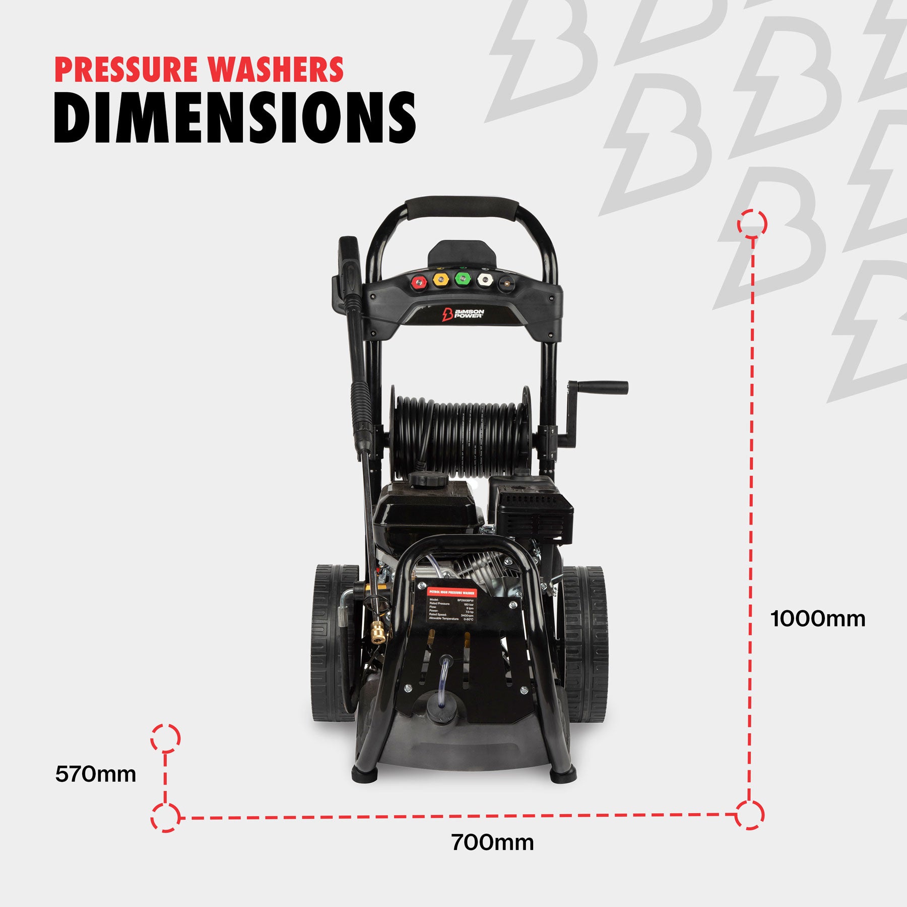 Bimson Power Petrol Pressure Washer 200 Bar (2900 PSI) 9 LPM - 30m hose