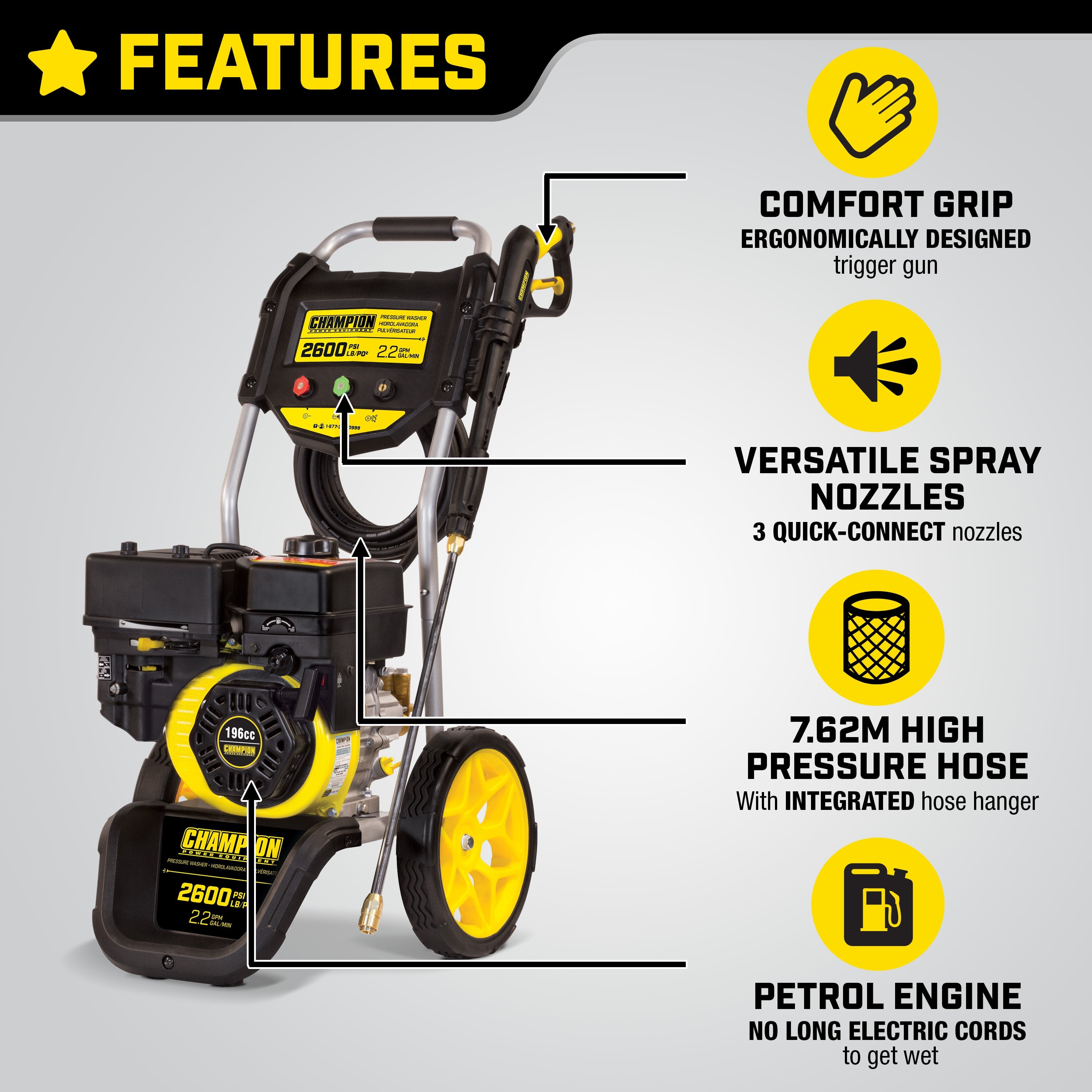 Champion Petrol Pressure Washer 179 Bar (2600 PSI) 8.3 LPM - Bimson Power