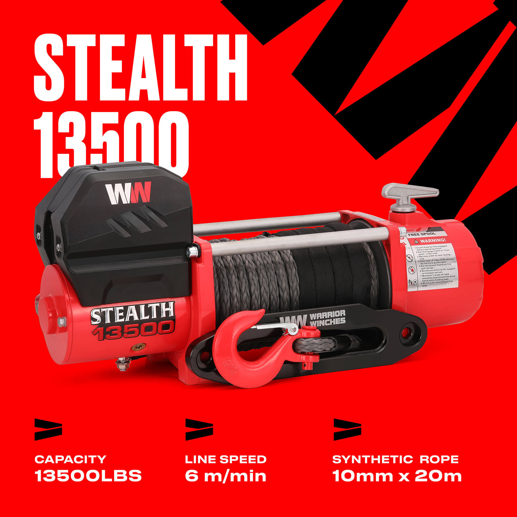 Stealth 13500lb Winch - 12v Synthetic Rope