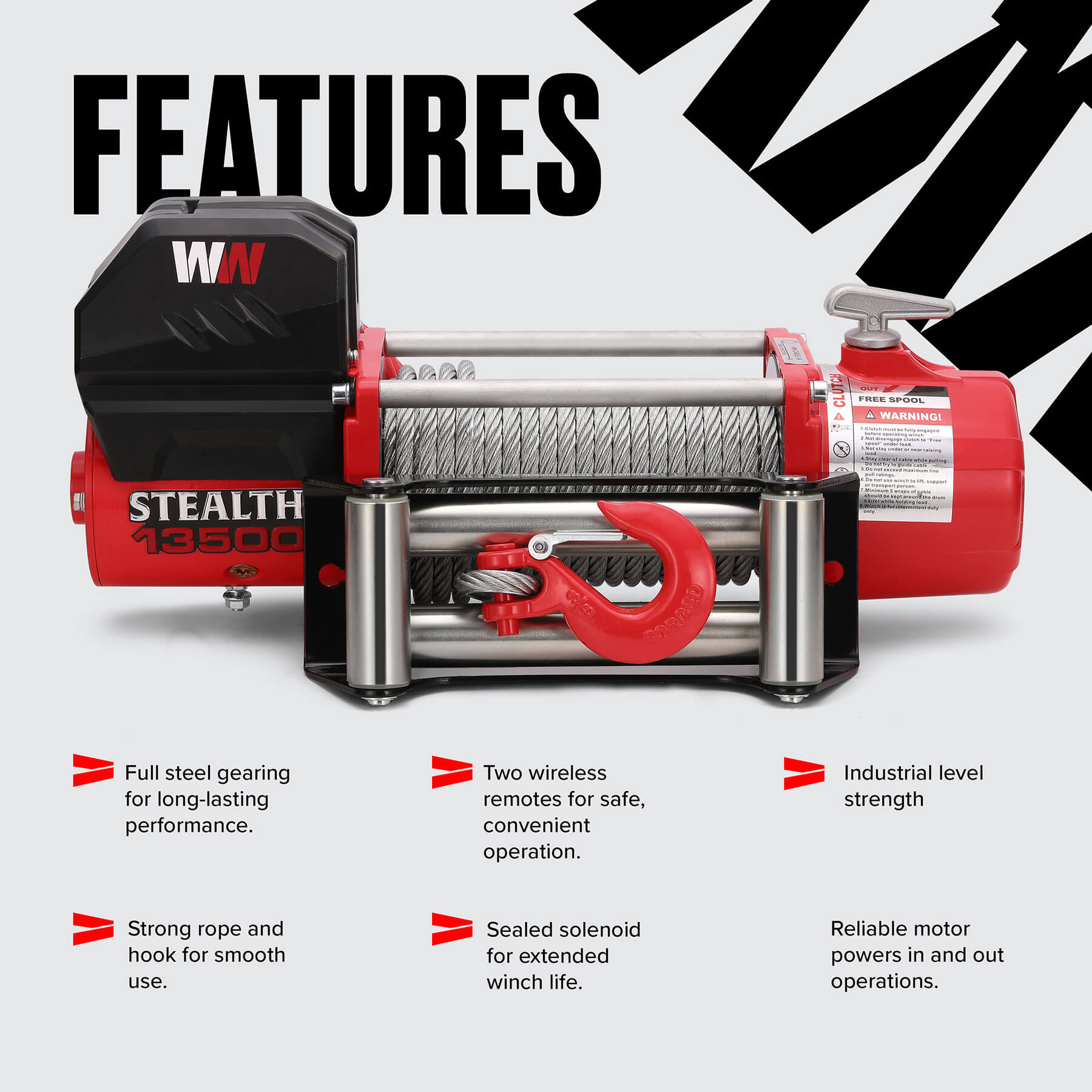 Stealth 13500lb Winch - 12v Steel Rope