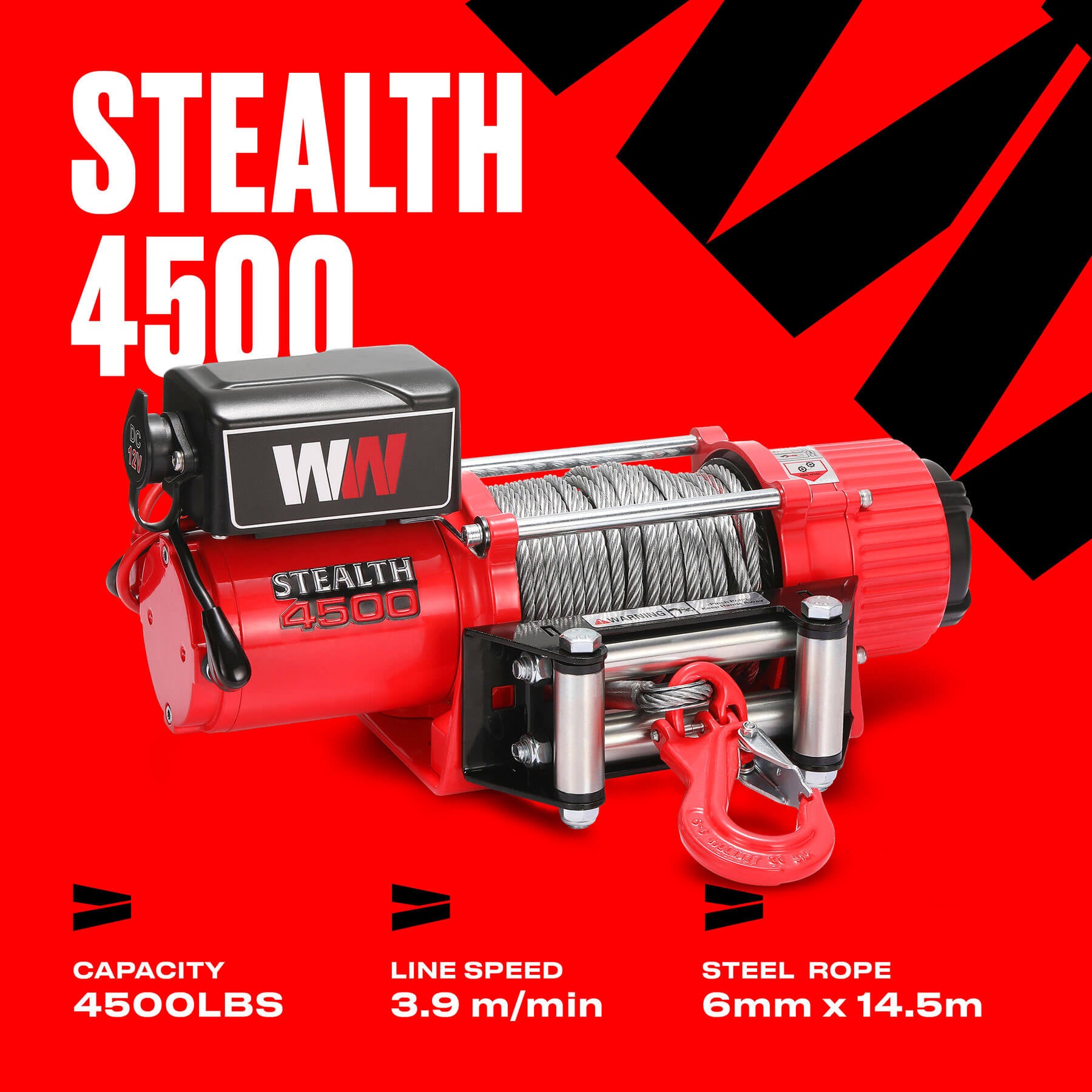Stealth 4500lb Winch - 12v Steel Rope