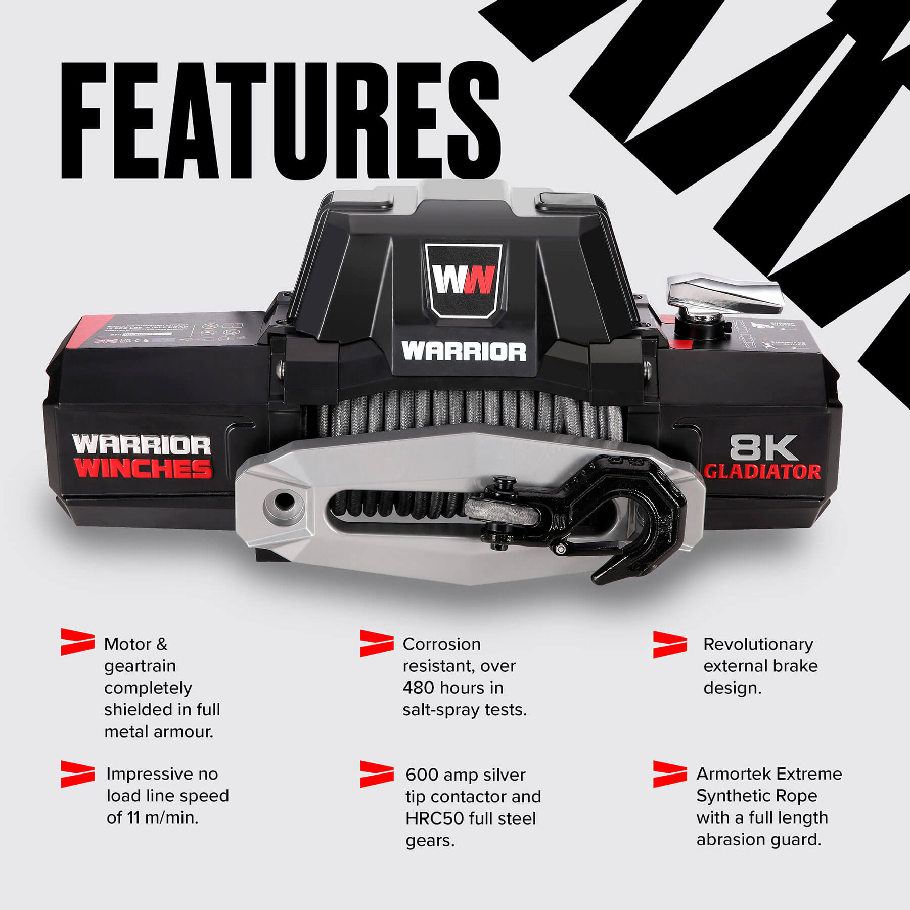 Gladiator F-Type 8000 Electric Winch - 12v Synthetic Rope - Bimson Power