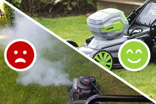Smokey Petrol lawn mower with red frown and clean battery lawn mower with smile