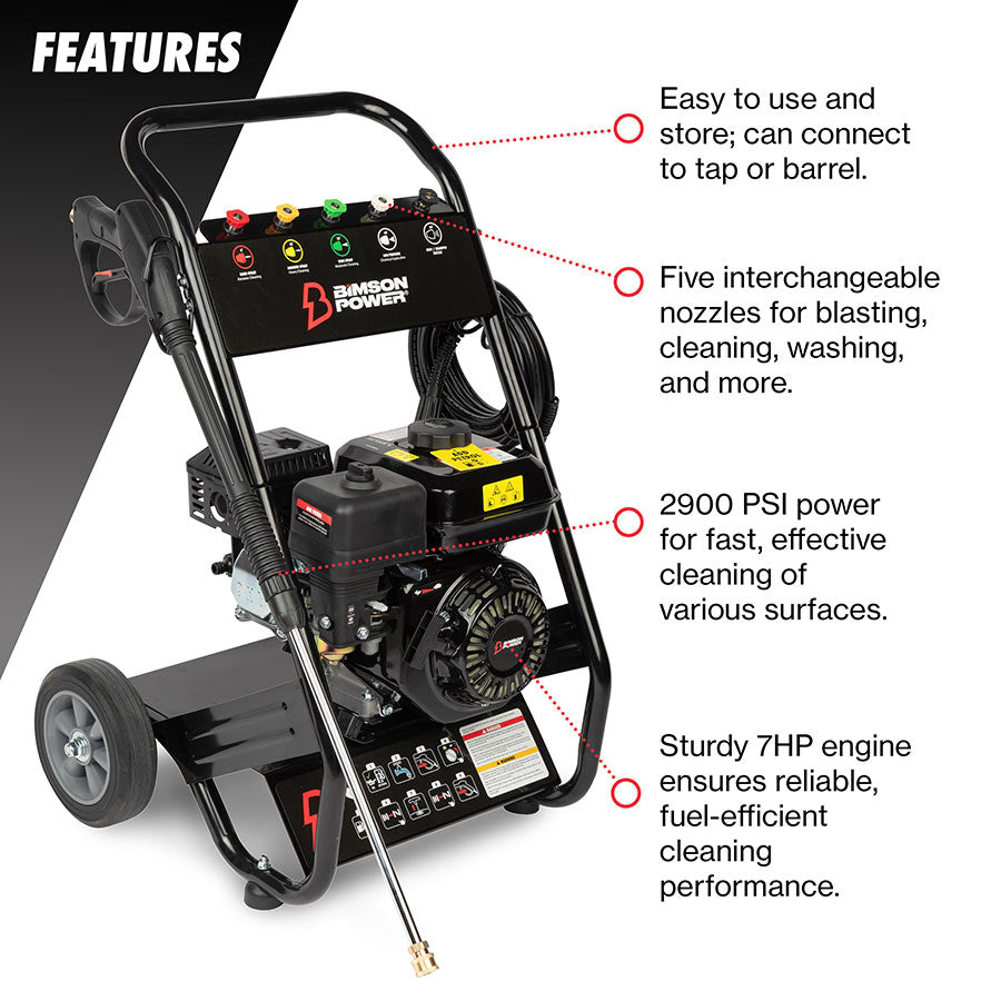 Bimson Power Petrol Pressure Washer 200 Bar (2900 PSI) 9 LPM - 8m hose