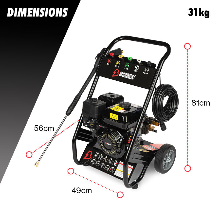 Bimson Power Petrol Pressure Washer 200 Bar (2900 PSI) 9 LPM - 8m hose