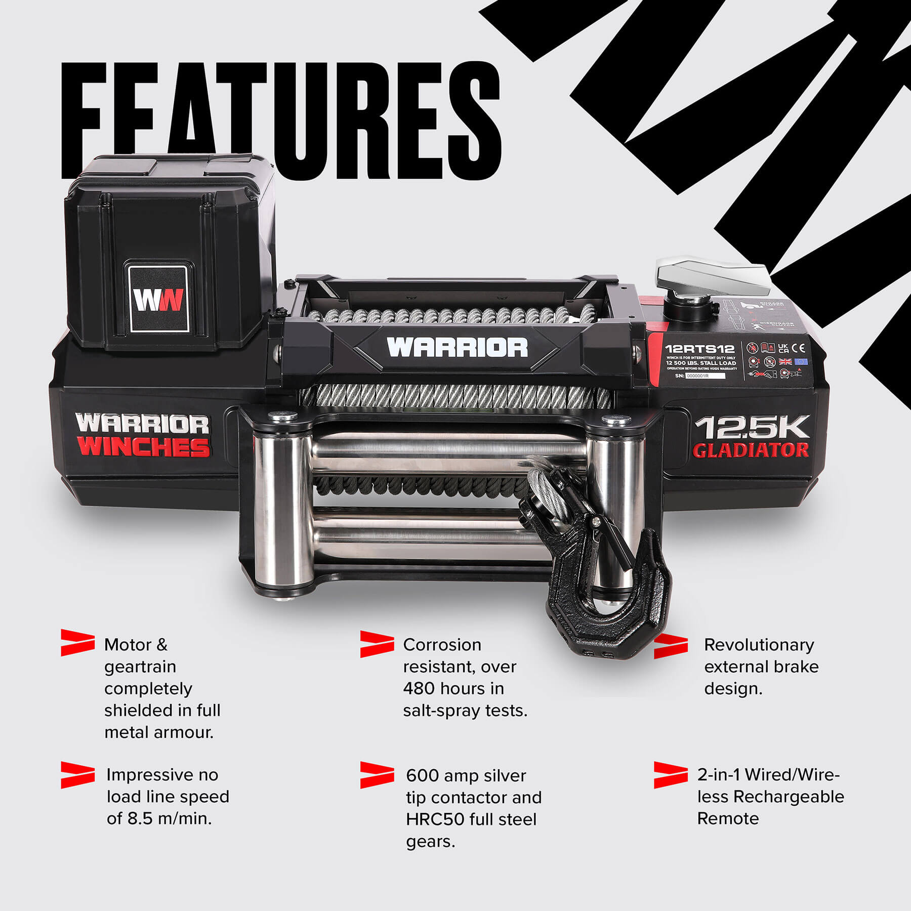 Gladiator R-Type 12500 Electric Winch - 12v Steel Rope - Bimson Power