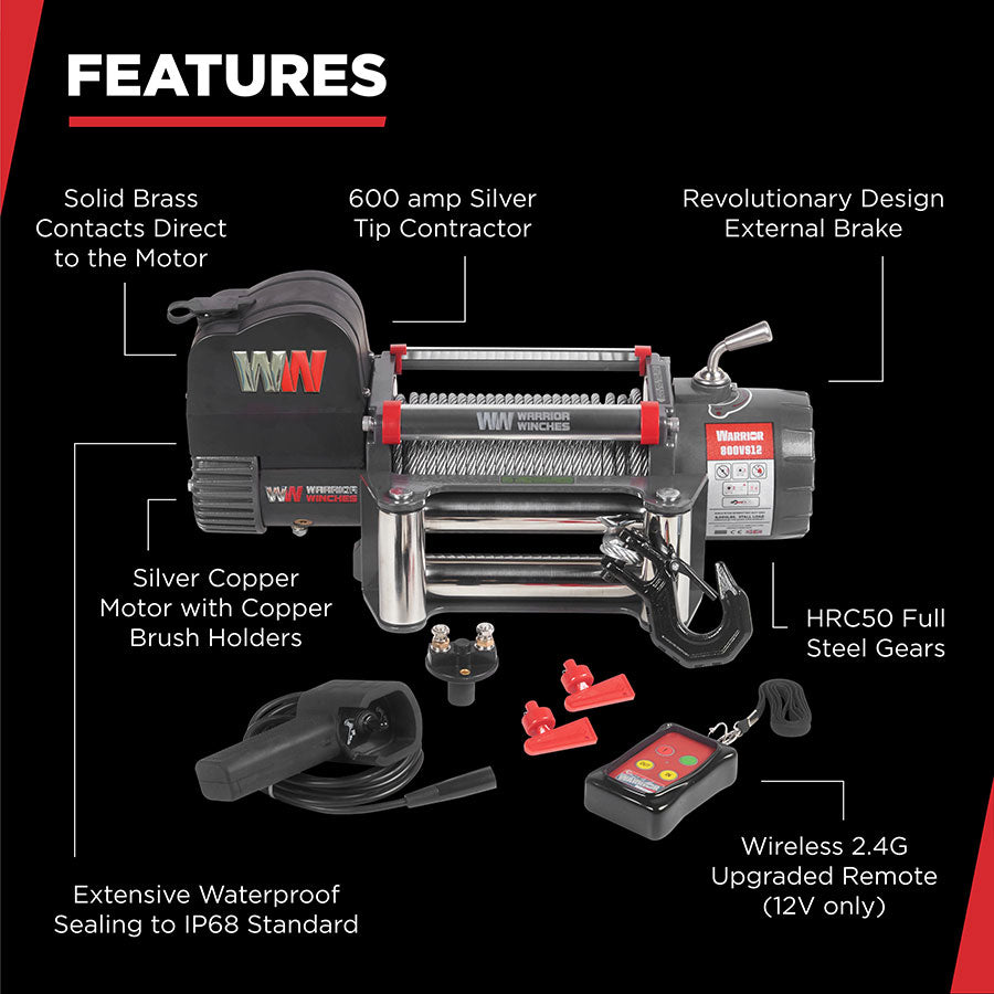 Warrior Samurai V2 Next Gen 8000lb Winch - 24v Steel Rope