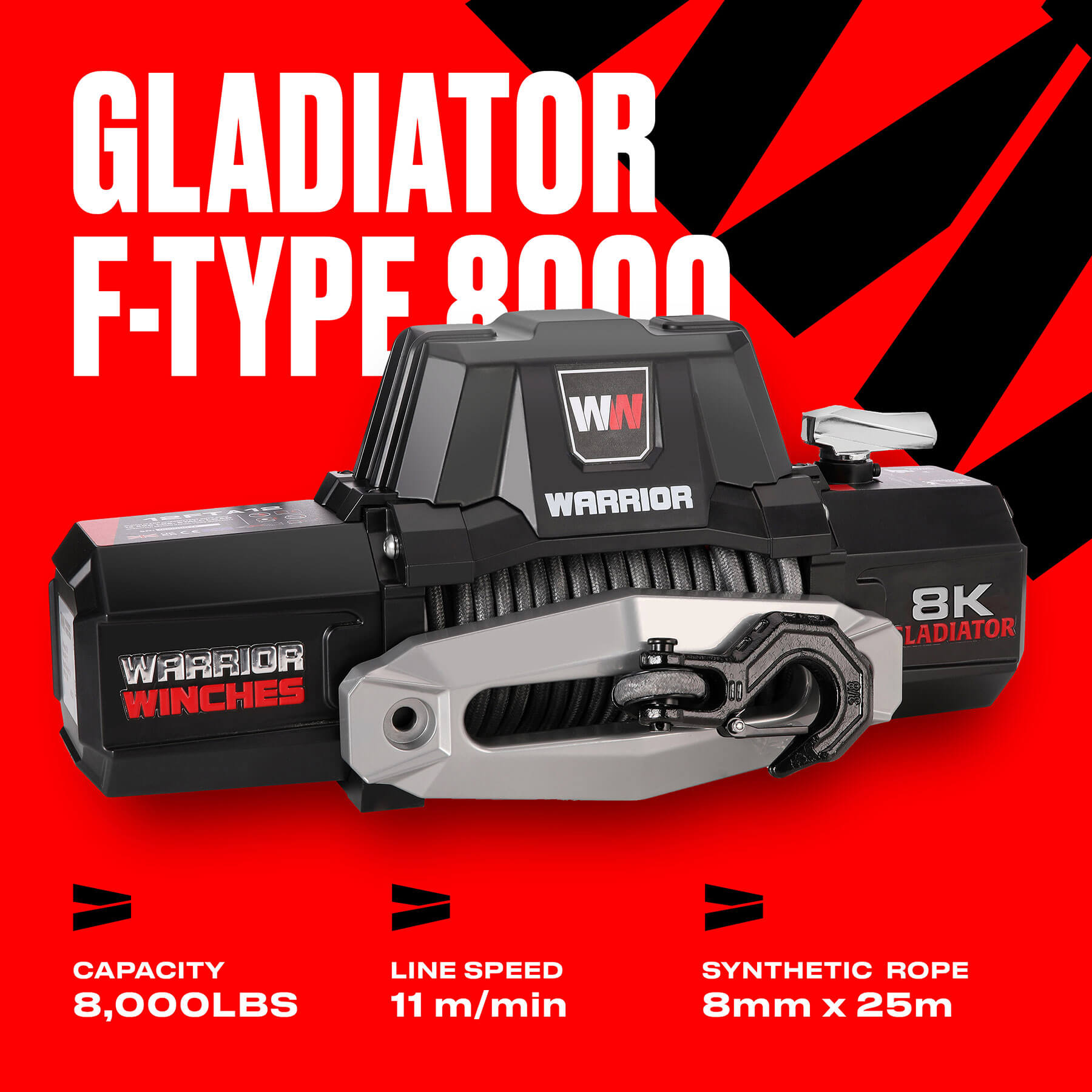 Gladiator F-Type 8000 Electric Winch - 12v Synthetic Rope - Bimson Power