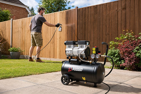 A man in a backyard is using a spray gun to treat a wooden fence, with a black and silver Bimson Power air compressor in the foreground on a paved lawn area.