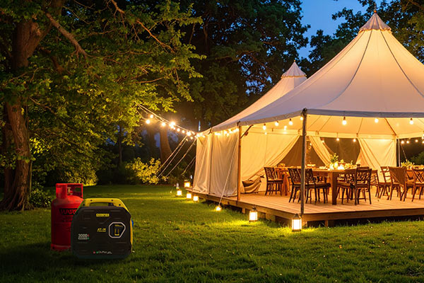 Large white tent with outdoor furniture and lighting setup in a forested area