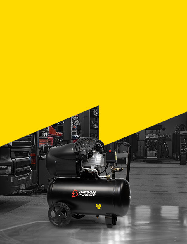 Air Compressor in workshop with headline above it