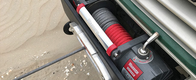 Close up of synthetic rope on winch