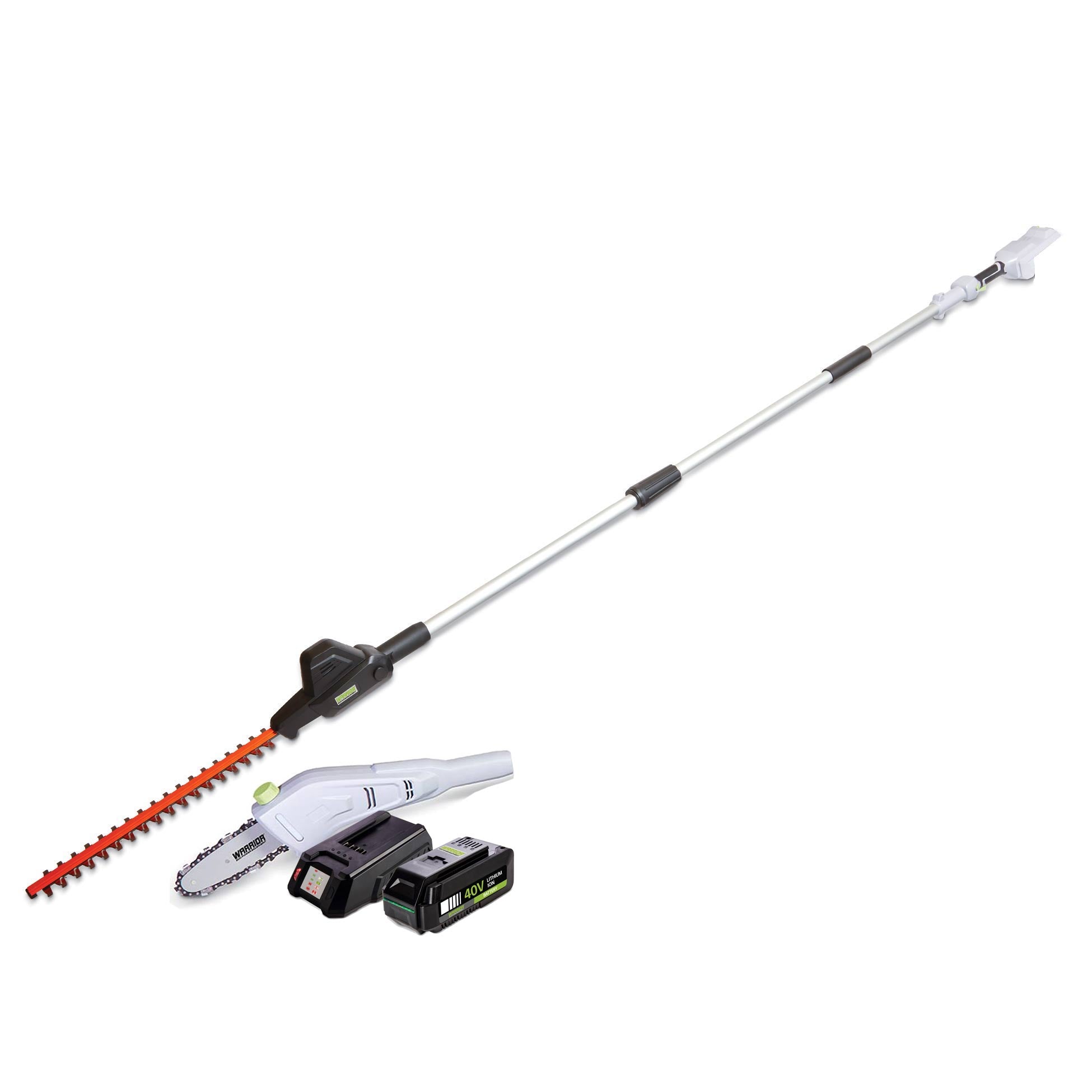 Warrior Eco Power Equipment 40v Cordless Pole Hedge Trimmer with chainsaw attachment and optional 40v battery and charger