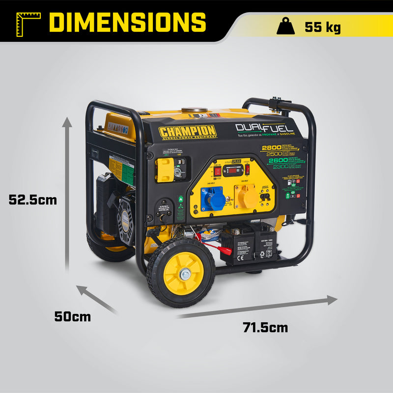 Champion 2800 Watt LPG Dual Fuel Generator With Electric Start Dimensions