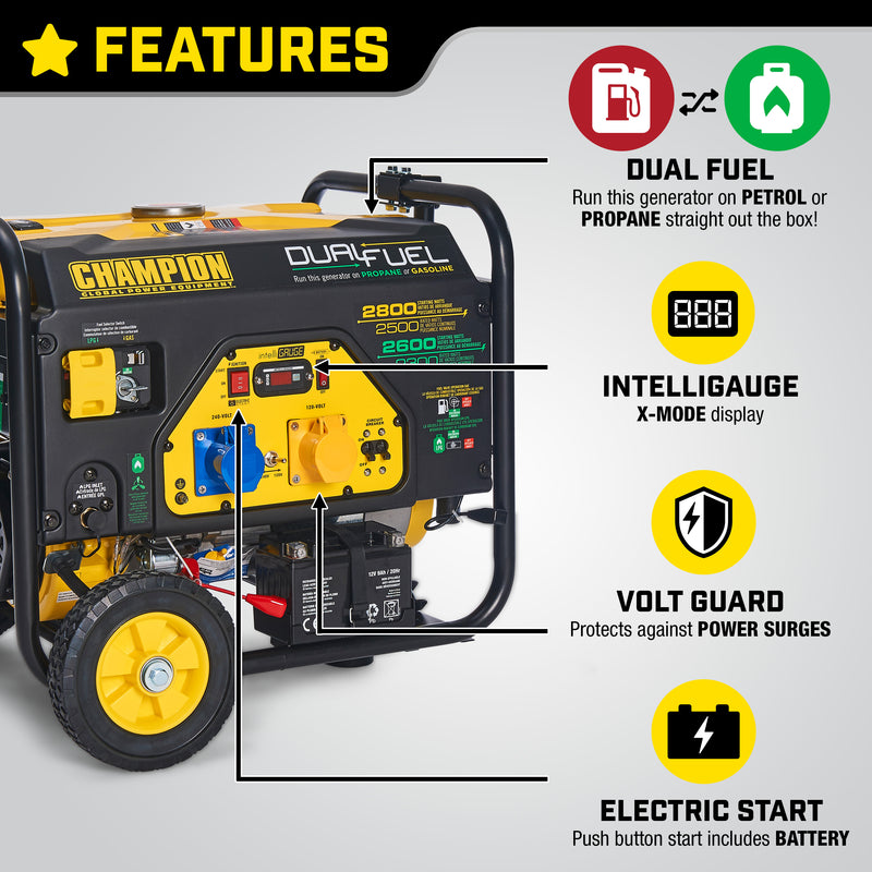 Champion 2800 Watt LPG Dual Fuel Generator With Electric Start features 