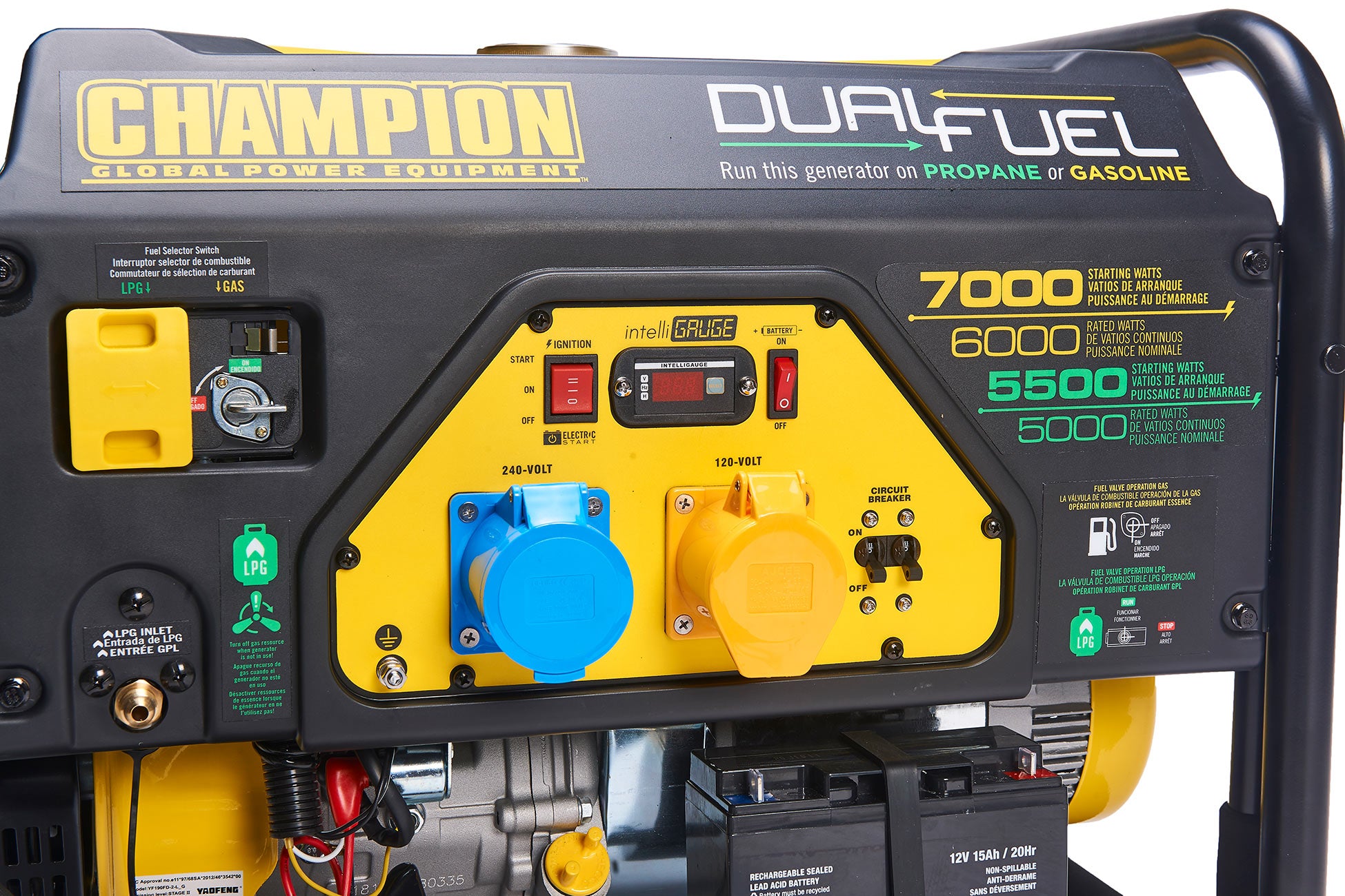 Front Panel View of Champion 7000 Watt LPG Dual Fuel Generator With Electric Start