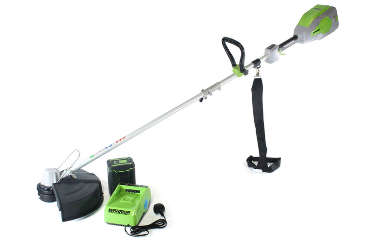 Cordless Grass Trimmer with detached rechargeable battery and mains-powered charging station