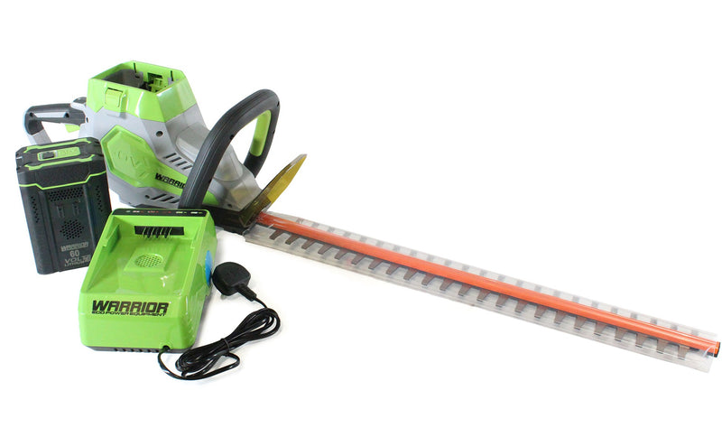 Warrior Eco 61cm Cordless Hedge Trimmer with detached battery and mains-powered charging station