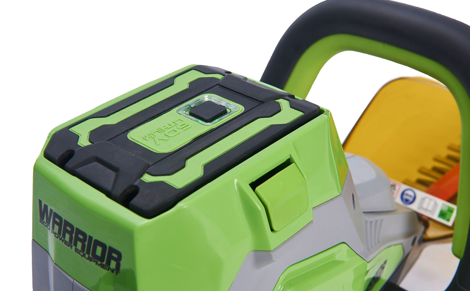 Close-up shot of the Warrior Eco 61cm Cordless Hedge Trimmer battery attached