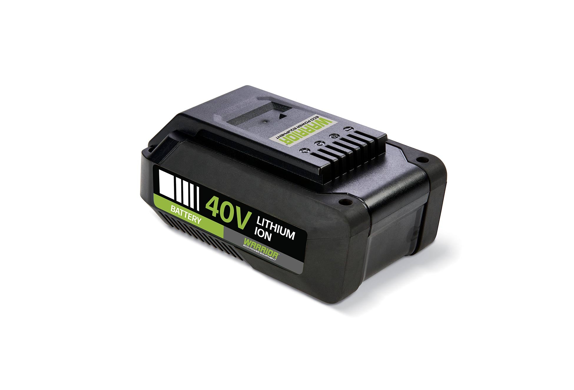 Close up of Warrior Eco Power Equipment 40 Volt Lithium Ion Battery