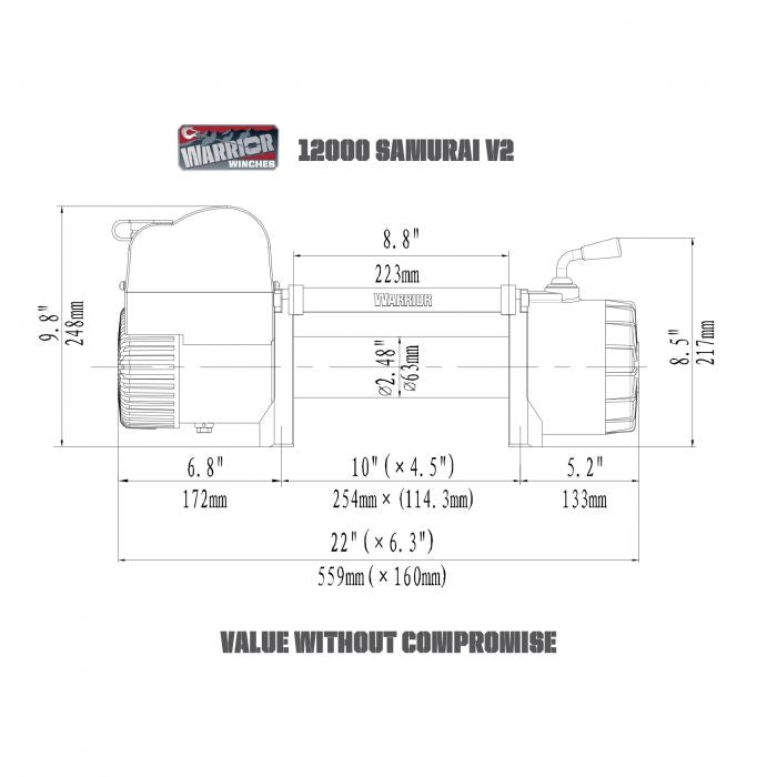 Warrior Samurai V2 Next Gen 12000lb Synthetic 12v Winch Dims